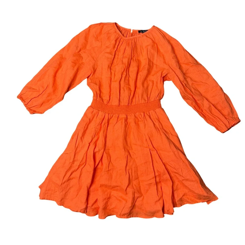 J.Crew Orange Linen Smocked Waist Mini‎ Dress Long Sleeve XS